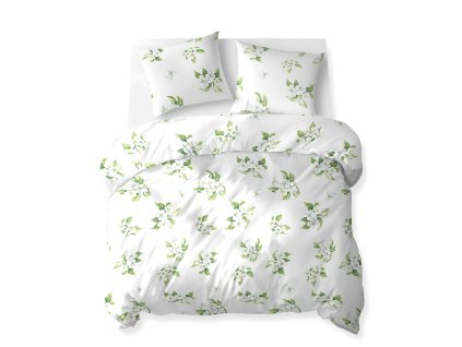 Bavlněné povlečení 160x200 bílé s bílými květy a zelenými listy – 5766 B – Cotton Bloom