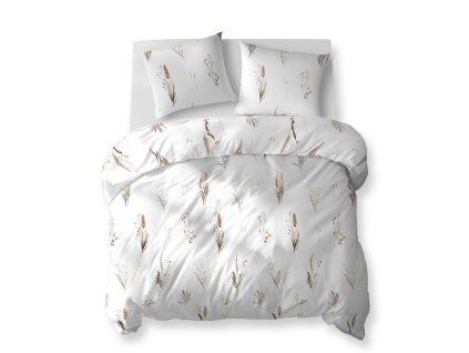 Bavlněné povlečení 160x200 bílé s hnědou a béžovou trávou a klasy – 5771 B – Cotton Bloom