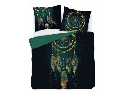 Bavlněné povlečení 160x200 tmavě zelené v boho stylu s lapačem snů a peřím – 5833 A – Celoroční sada ložního prádla Floral Elegance