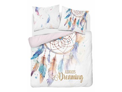 Bavlněné povlečení 220x200 bílé v boho stylu s lapačem snů a peřím Always Dreaming – 5834 A – Celoroční sada ložního prádla Floral Elegance