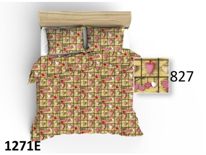 Bavlněné povlečení 160x200 1271E béžová srdíčka červená růžová 827N se zipem