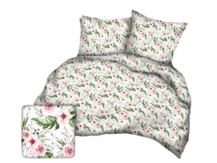 Bavlněné povlečení 200x220 bílé růžové květy A969_1 Kora 23