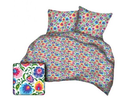 Bavlněné povlečení 200x220 Łowicz lidové bílé barevné květiny A668_3 Kora 23