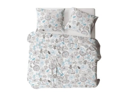 Bavlněné povlečení 200x220 bílá modrá černá květy listy 1851N Bielawa KARO