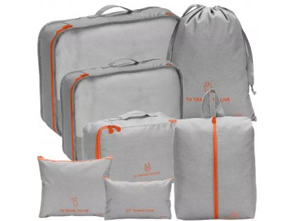 Cestovní organizér na kufr - 7 ks, šedá/oranžová, polyester/plast/silikon, různé rozměry