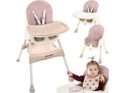 3v1 kojenecká Židle KRUZZEL, Pudrově Růžová, PVC+Eko kůže, 60-92/60/75 cm