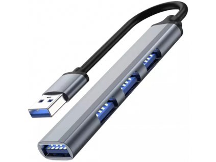 USB Hub s 4 porty, šedý, hliníkové tělo, 9x1.7x0.9 cm