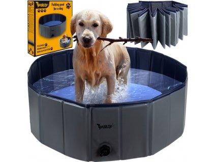 Skládací bazének pro psy s odvodňovacím ventilem a protiskluzovým dnem, modro-šedý, PVC + ABS, 100x30 cm