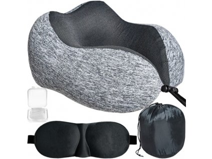 Kompletní cestovní set: 3D polštář s paměťovou funkcí, žaluzie a zátky do uší, černo-šedý, PU a polyester, 25/14 cm
