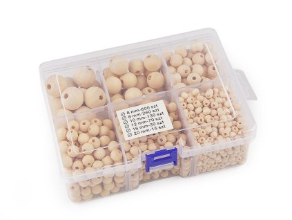 Sada dřevěných korálků v boxu