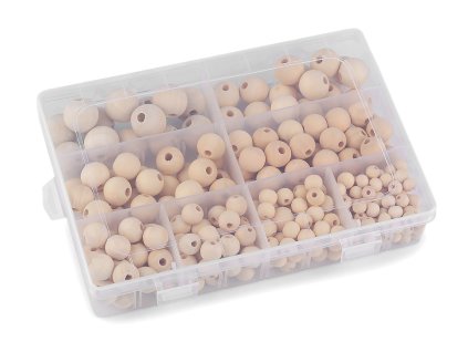 Sada dřevěných korálků v boxu