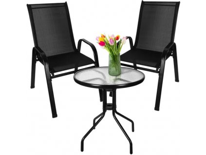 Balkonová sestava nábytku - stůl a 2 židle, černé, práškově lakované železo, rozměry stolu: 60 x 60 x 69,5 cm