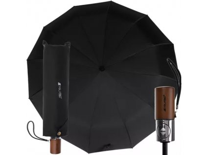 Automatický Skládací Deštník s 12 Dráty, Černý, Hliníková Trubka a Dřevěná Rukojeť, Průměr 105 cm