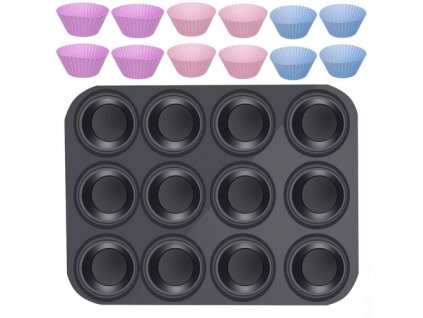 Teflonový plech na pečení muffinů s 12 silikonovými formami, grafitová barva, rozměry 35 x 26,5 x 3 cm