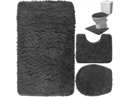 Koupelnový set koberečků a potahu na sedák, šedá, polyester + netkaná textilie, 81.5x49.5 cm / 49.5x39.5 cm / 41x43.7 cm