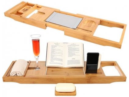 Rozkládací bambusová vanová polička s držákem na tablet a sklenku vína, 75-112 cm