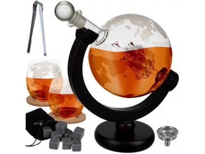 Whisky sada - Karafa ve tvaru zeměkoule, 2 sklenice, 2 podtácky a 9 chladicích kostek, materiál: sklo, dřevo, korek, rozměry: 20 x 13 x 22 cm