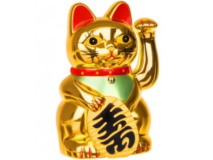 Šťastná čínská kočka Maneki-neko, zlatá, pohybující tlapkou, 10x15x8 cm