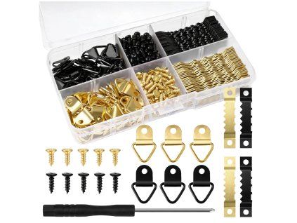 Sada 252 kovových háčků na obrazy, černá a zlatá.