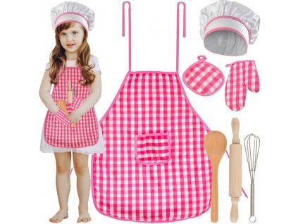 Dětská kuchařská sada 7 prvků, růžová a bílá, měkký materiál, rozměry zástěry 41/50 cm