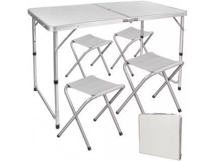 Kempingový set - stůl a 4 židle, MDF + ocel, rozměry stolu: 120 x 70,5-62,5-54 x 70 cm