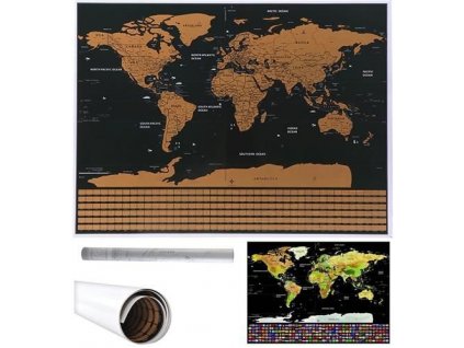 Stírací Mapa Světa s Vlajkami, Černo-Zlatá, Rozměry 82x59 cm, Hliníková Fólie