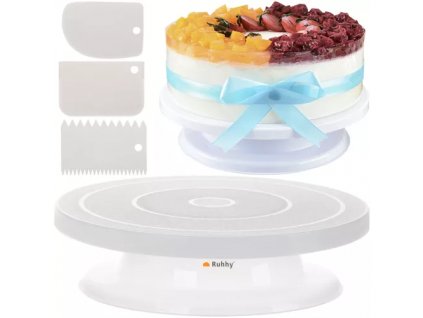 Otočný talíř pro zdobení dortu s 3 špachtlami, bílý, plast, průměr 28 cm
