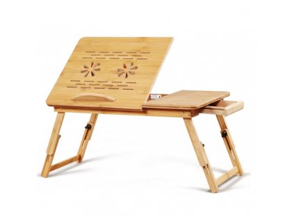 Skládací Stůl na Notebook a Tablet Bambusový s Prohlubní a Zásuvkou, Rozměry 50 x 30 cm, Výška Nastavitelná 17.5 -24 cm