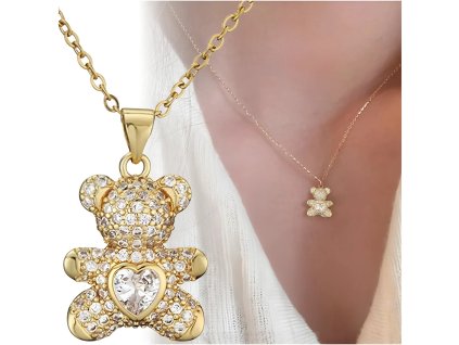 Pozlacený náhrdelník z chirurgické oceli s medvídkem a zirkony