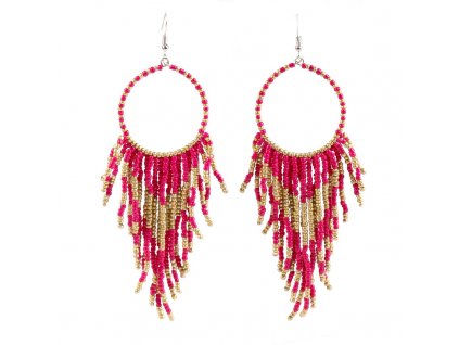 Dlouhé Boho Visací Náušnice v Orientálním Retro Stylu, Kov a Korálky, 13.5 cm x 3.5 cm. Růžové