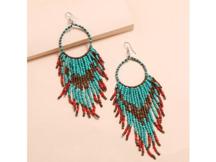 Dlouhé Boho Visací Náušnice v Orientálním Retro Stylu, Kov a Korálky, 13.5 cm x 3.5 cm. Tyrkysové II