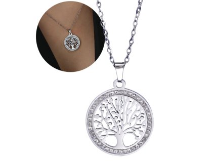 Náhrdelník s přívěskem stromek z chirurgické oceli, stříbrný, zdobený zirkony