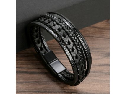 Pánský náramek Adiel, černý, z chirurgické oceli a umělé kůže, obvod 19 cm
