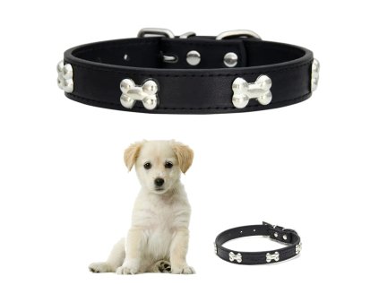 Kožený obojek pro psy roztomilý s kotníky černý nastavitelný