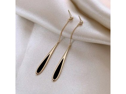 Elegantní Zlaté Náušnice s Černými Kapkami z Chirurgické Oceli 316L, Pozlacené 18karátovým Zlatem, Délka 7,5 cm