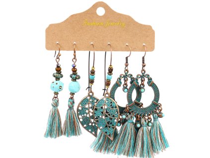 Ručně Malované Etnické Náušnice Boho - Tyrkys I, 3 páry, Rozměry 5-7.5 cm