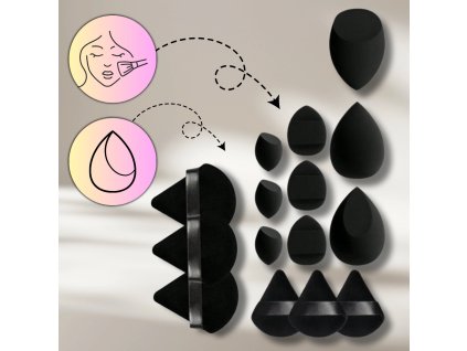 Sada černých houbiček na make-up v dóze blender a aplikátor na pudr