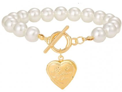 Stylový náramek z akrylových perel, zlatý, 20 cm, s otevíratelným přívěskem ve tvaru srdce