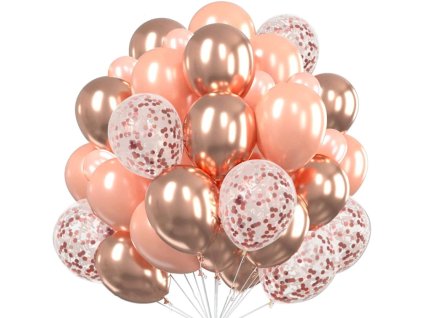 Sada 30 balónků v růžově zlaté barvě s konfetami, latex, průměr 25 cm