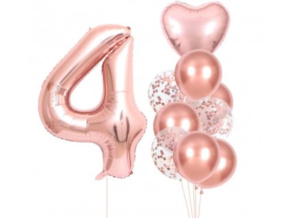 Sada 10 růžových balónků ke čtvrtým narozeninám - latex, fólie, výška 81 cm