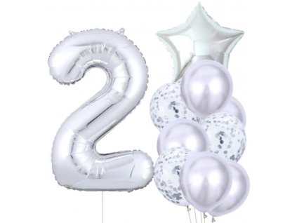 Sada 10 stříbrných balónků k druhým narozeninám - latex a fólie, max. velikost 81 cm