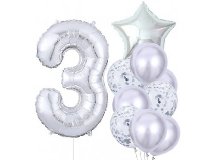 Sada 10 stříbrných balónků ke třetím narozeninám - latex a fólie, různé velikosti (81 cm, 45 cm, 25 cm)