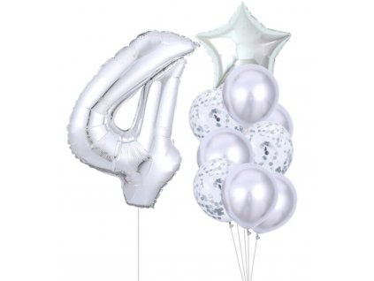 Sada 10 stříbrných balónků ke čtvrtým narozeninám - fólie a latex, výška číslice 81 cm, velikost hvězdy 45 cm