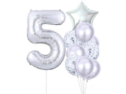 Sada 10 stříbrných balónků k pátým narozeninám - latex a fólie, velikost 81 cm, 45 cm a max. 25 cm