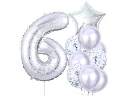 Sada 10 stříbrných narozeninových balónků s číslem šest a konfetami, různé tvary a velikosti, latex a fólie