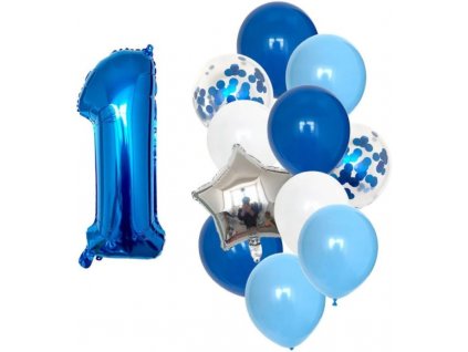Sada 12 modrých a bílých narozeninových balónků s konfetami, latex a fólie, 82 cm