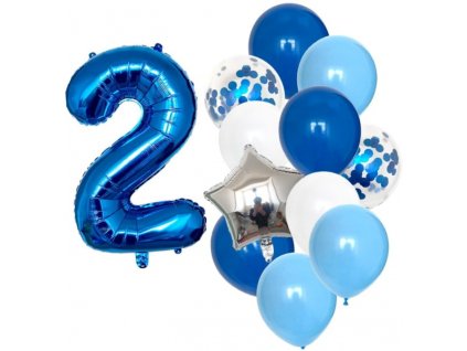 Sada 12 modrých a bílých balónků s konfetami, číslo 2, latex a fólie, výška čísla 82 cm