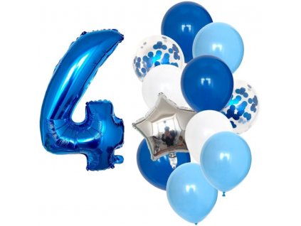 Sada 12 modrých balónků s konfetami a číslem 4, latex a fólie, průměr 25 cm, výška 82 cm