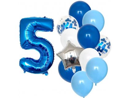 Sada 12 modrých a bílých balónků s konfetami, číslo 5, latex a fólie, 82 cm