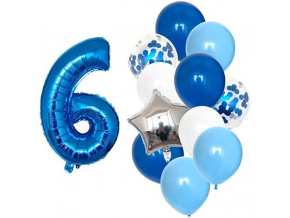 Sada 12 modrobílých balónků s konfetami a číslem 6, fóliový materiál, výška 82 cm